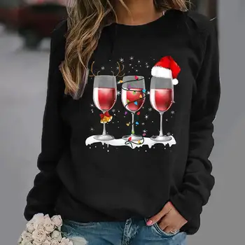 Весела Коледа тениски За жени, 3d Чаши за вино, Тениска С Дълъг Ръкав с Принтом, Модни Коледна Тениска За Партита, Блузи, Дамски Дрехи