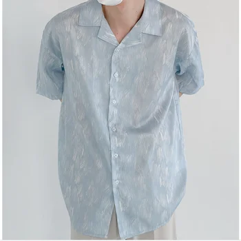 Англия Стил Покривка Лед Копринени Ризи за Мъже С Къс Ръкав Лято Тънък Принт Свободни Harajuku Ежедневни Реколта Риза Корейската Мода