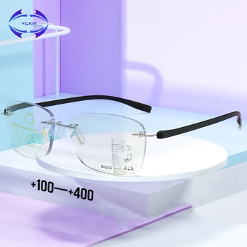 VCKA Безрамочные очила за четене от разстояние и в близост до двойно предназначение, прогресивно многофокусные очила с интелигентно увеличение, титанов черни очила с памет