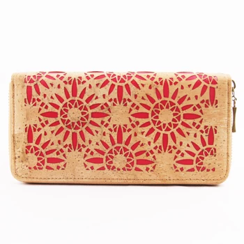 Чантата на жени, подарък портфейла корк период на лазер червено цвете-естествен за вегана