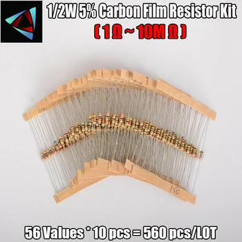 1/2 0,5 W W 5% 1-10 М Ом 560 бр 56 стойности на Всеки 10 бр. Въглеродни филм Резистори Гама от Разнообразни Комплект Комплект